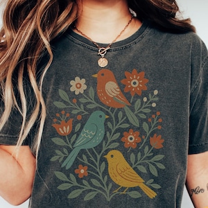 Cottagecore Birds and Flowers Shirt, Folk Art Scandi Art T Shirt, Plus Sizes and Oversized TShirts, Bird Gifts, Flower Gift, Gift For Her