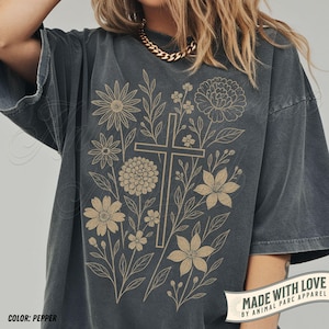 Christian T Shirt, Floral Cross Graphic Tee, Faith Based Shirt, Bible Verse Inspired Top, Jesus Lover Gift, Church Womens Christianity Shirt