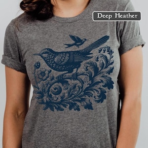 Boho Bird Shirt, Vintage Bella Canvas Tee, Cottagecore Bird T-Shirt, Floral Folk Art Graphic, Nature Lover Gift, Bohemian Botanical Top