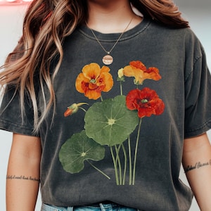 Vintage Nasturtium Flower Shirt, Botanical Garden Tee, Floral Nature Lover T-Shirt, Cottagecore Gift