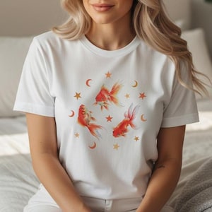 Goldfish T-Shirt, Celestial Moon Stars Tee, Kawaii Animal Lover Shirt