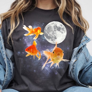 Three Goldfish Retro Graphic T-shirt, Comfort Colors® Vintage Goldfish Moon Meme Tshirt, Fish Lovers, Funny Fish Tee, Pet Goldfish Gift