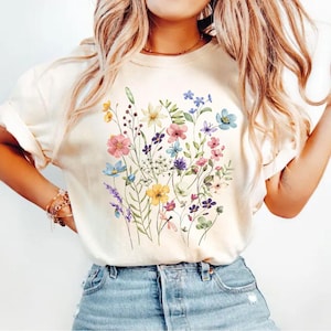 Wildflower Floral T-Shirt, Soft Cotton Boho Garden Graphic Tee, Cottagecore Summer Top
