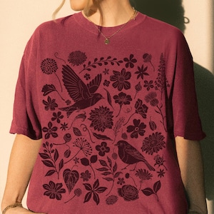 Linocut Birds & Flowers Shirt: Comfort Colors Cotton Cottagecore Garden Tshirt